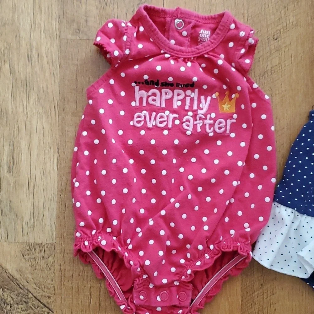 Carters Girl‎ Navy Whale Polka Dott Romper with Little Me Pink Ever After Romper